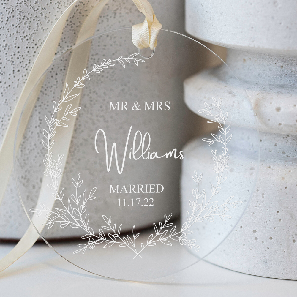 Custom Clear Acrylic Wedding Ornament with Names and Date